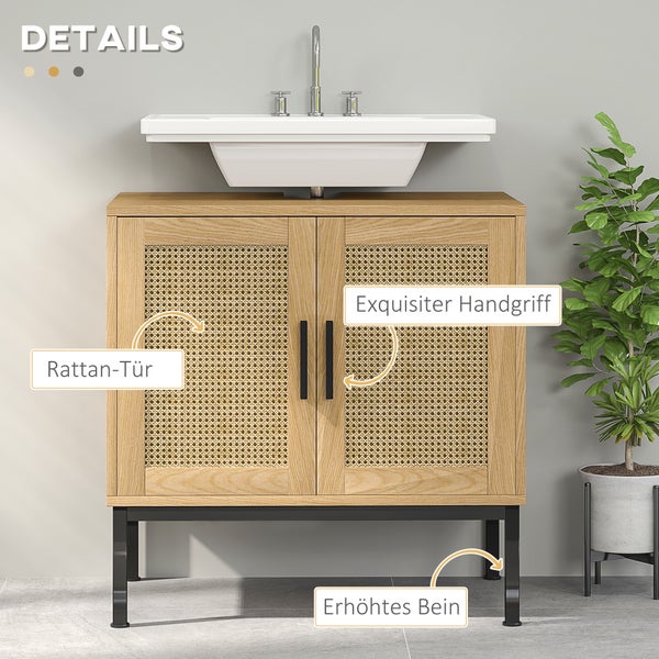 kleankin Waschbeckenunterschrank Unterschrank mit Schrankfach, Waschtischunterschrank mit Rattanoptik, Badunterschrank mit Kippschutz, Eiche, 60 x 39 x 60 cm