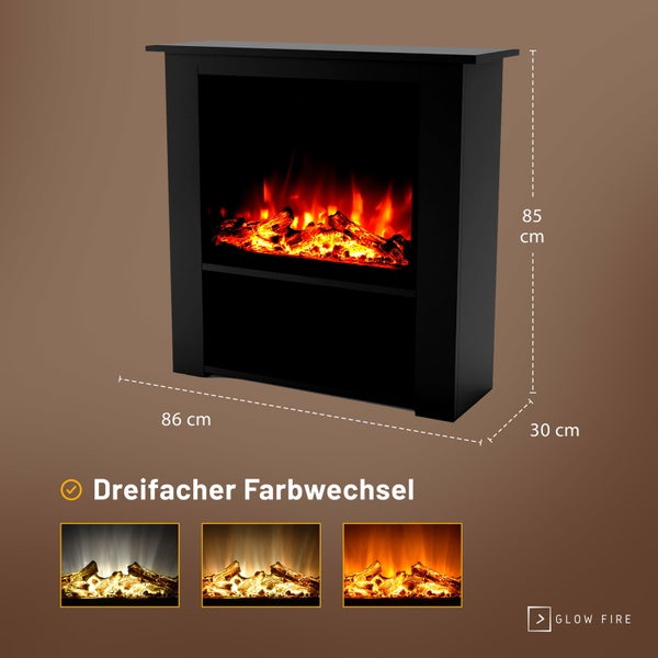 Glow Fire Elektrokamin 'Thebe' | LED Standkamin in schwarz mit Heizung (1500 W) | HxBxT: 85x86x30 cm