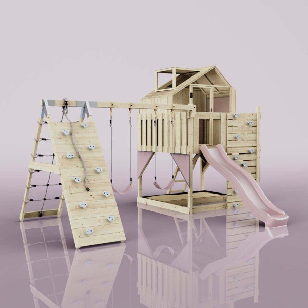 OutdoorToys Spielturm Oscar aus Holz in Rosa Kinderschaukel