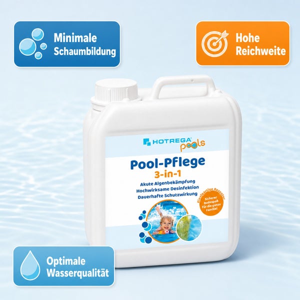 Hotrega Pool Pflege 3 in 1 Kanister zur Algenbekämpfung Desinfektion und Schutzwirkung mit Symbolen für Schaumbildung Reichweite und Wasserqualität