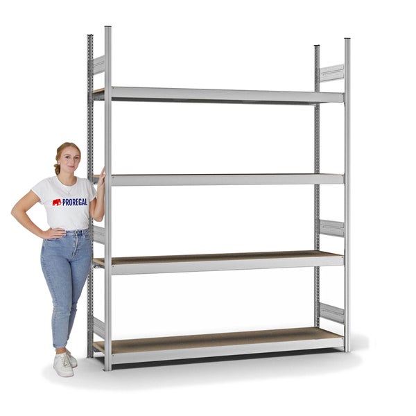 PROREGAL Weitspannregal Stecksystem T-Profil Grundregal HxBxT 250x200x40 cm 4 Ebenen Spanplatten Fachboden Fachlast 350 kg Verzinkt