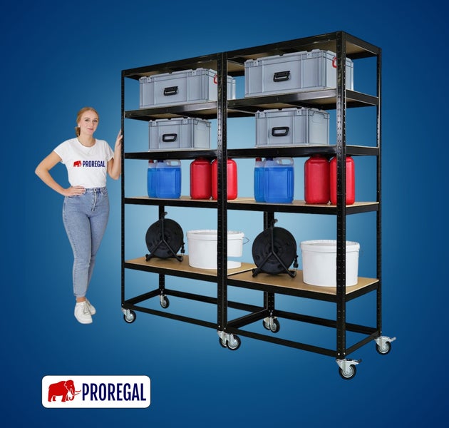 PROREGAL fahrbares Doppel-Schwerlastregal mit 5 Ebenen und Rollen, schwarzes Metallgestell mit Holzböden. PROREGAL Logo