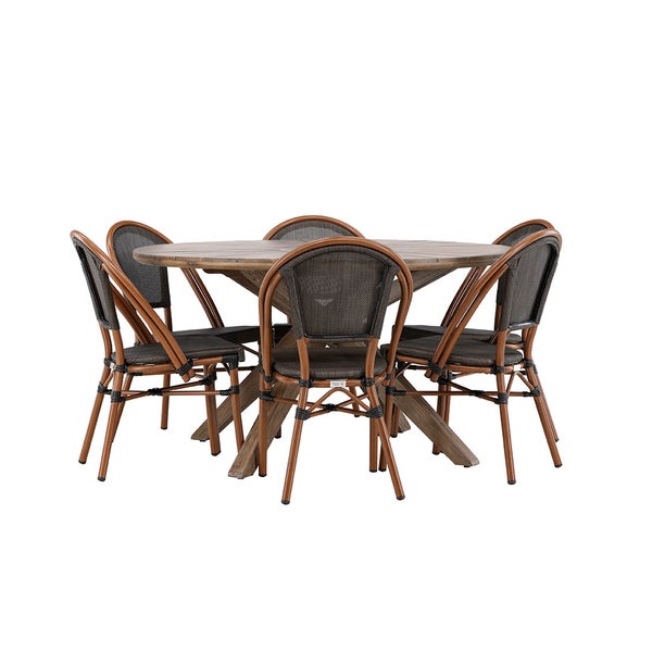 Gartentischgruppe mit rundem Holztisch und sechs Korbstühlen