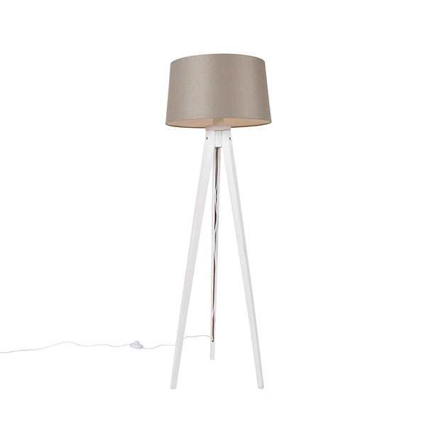 QAZQA - Klassisch I Antik Modernes Stativ weiß mit Leinenschirm taupe 45 cm - Tripod I Dreifuß Lampe I Dreifuss Classic I Wohnzimmer I Schlafzimmer - Holz Länglich I Rund - LED geeignet E27