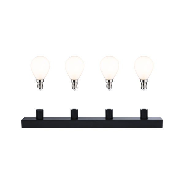 Schwarze vierflammige Wandleuchte oder Deckenleuchte inklusive vier matter E14 LED Leuchtmittel.