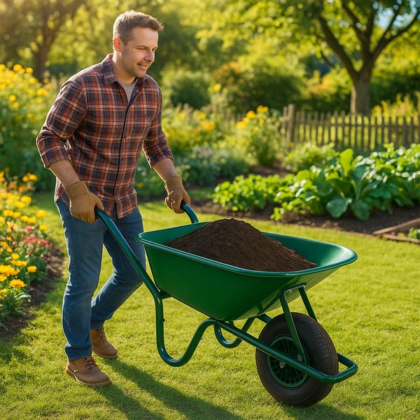 Mann schiebt eine grüne Schubkarre voller Erde durch einen Garten