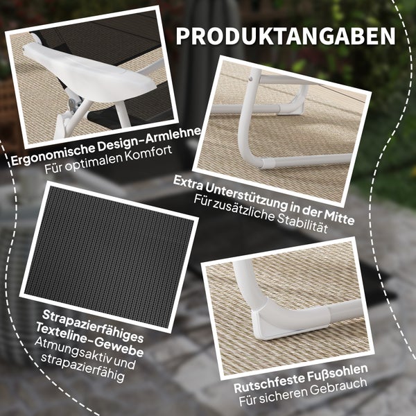 Produktdetails einer Gartenliege: ergonomische Armlehne, Rahmen mit Mittelstütze, atmungsaktives Texteline-Gewebe und rutschfeste Füße.