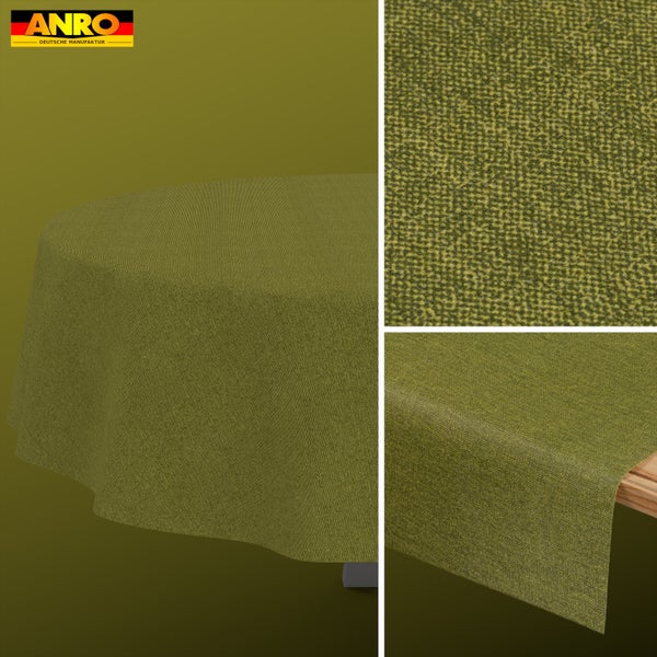 ANRO Logo. Abwaschbare Tischdecke in Leinenoptik mit melierter grüner Struktur, rundes Modell und Detailansicht des Materials.