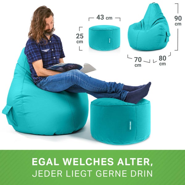 Green Bean 2er Set Sitzsack + Hocker - fertig befüllt - robust waschbar schmutzabweisend - Kinder & Erwachsene Bean Bag Bodenkissen Lounge Sitzhocker Relax-Sessel Gamer Gamingstuhl Pouf - Türkis
