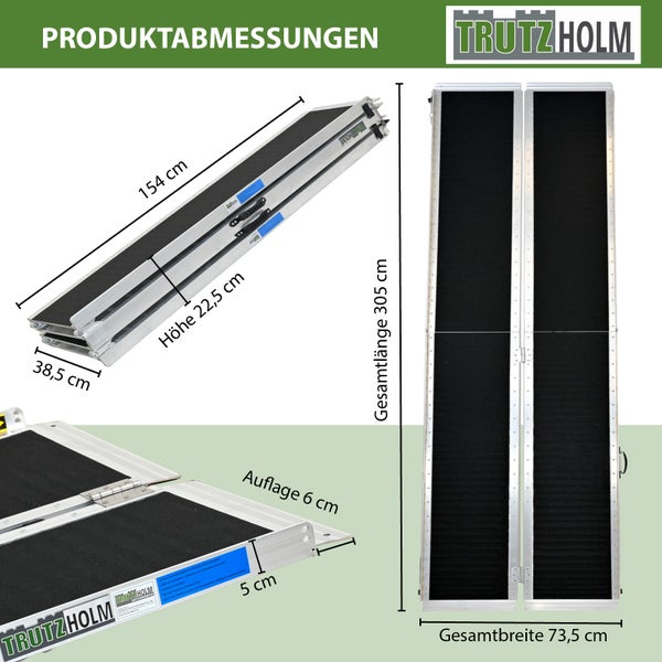 Trutzholm Aluminium Teleskop Auffahrrampe ausfahrbar mit Maßangaben Gesamtlänge 305 Zentimeter und Gesamtbreite 73,5 Zentimeter