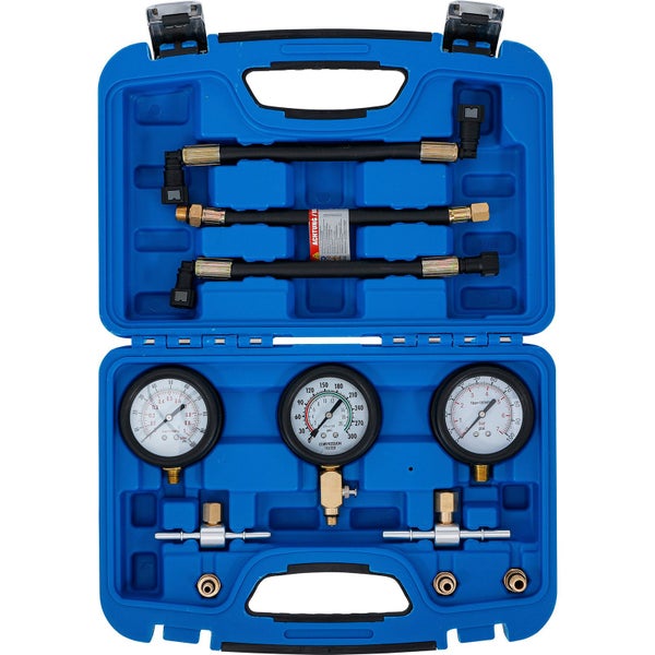 Kompressionsdruckprüfer-Set in blauem Koffer mit Manometern und Adaptern