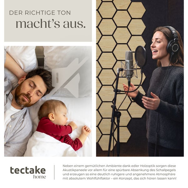 Tectake home Akustikpaneele in Sechseckform in Holzoptik im Tonstudio sowie ein schlafender Mann mit Baby zur Geräuschreduzierung.