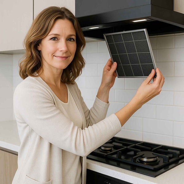 Frau hält einen Dunstabzugsfilter vor einer Dunstabzugshaube