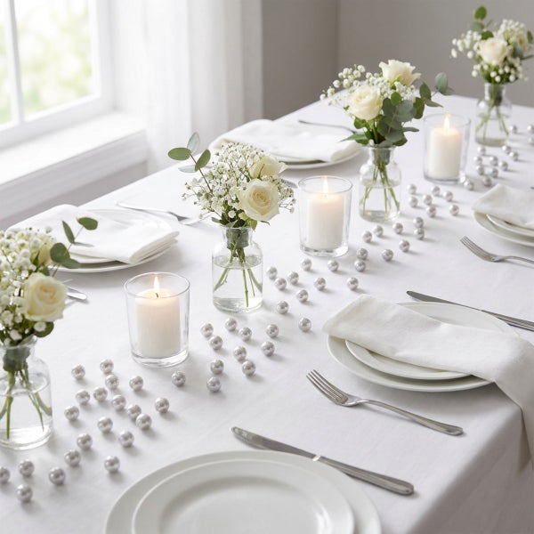 Festlich gedeckter Tisch mit weißen Tellern, Servietten, Blumenvasen, brennenden Kerzen und Perlenstreudeko für eine elegante Tischdekoration.