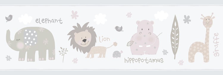 Bordüre mit Elefant, Löwe, Nilpferd und Giraffe