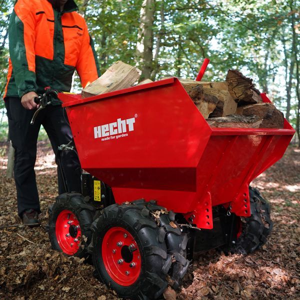 Person bedient Hecht Motordumper mit Brennholz im Wald. Roter Metalldumper mit Profilreifen in heller Umgebung. Hecht Logo.