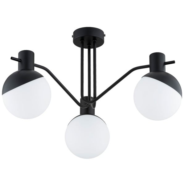 Moderne Deckenleuchte mit drei kugelförmigen Glasschirmen und metallischer Halterung.