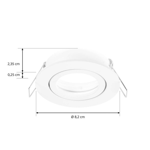 Einbaustrahler mit einem Durchmesser von 8,2 Zentimeter, einer Einbautiefe von 2,35 Zentimeter und einer Randhöhe von 0,25 Zentimeter.