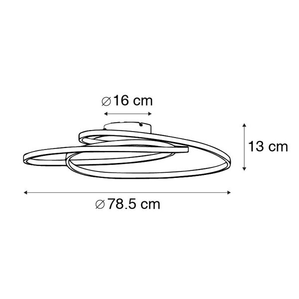 Abbildung der Maße einer Deckenleuchte: 16 cm Durchmesser der Deckenbefestigung, 13 cm Höhe und 78,5 cm Durchmesser der Leuchte.