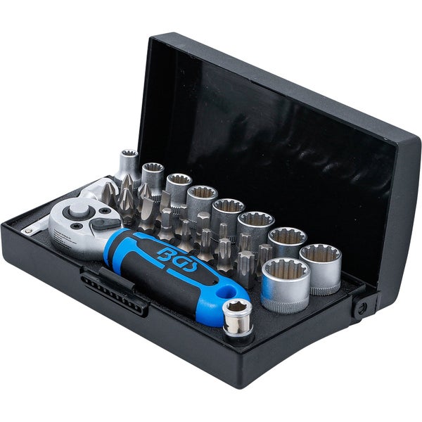 Steckschlüssel Set mit Bits, Nüssen und Umschaltknarre im schwarzen Koffer