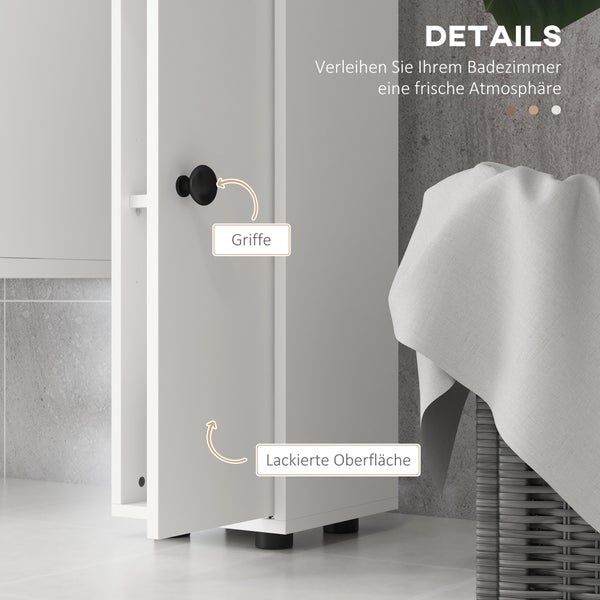 Detailansicht eines weißen Badezimmerschranks mit schwarzem Rundgriff und lackierter Oberfläche.