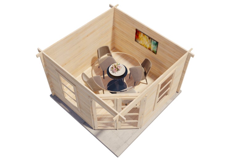 Holzgartenhaus mit Tisch und Stühlen