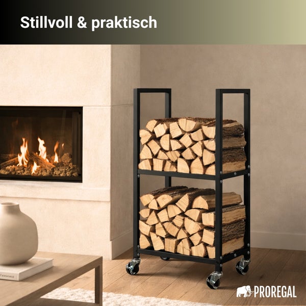 Zweistöckiger Kaminholzwagen aus Metall auf Rollen, gefüllt mit Brennholz neben einem Kamin in einem hellen Wohnzimmer. Proregal Logo.