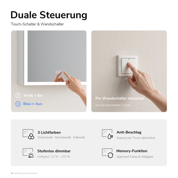 Produktinfografik für Badezimmerspiegel mit dualer Steuerung per Touch und Wandschalter sowie Funktionen für Lichtfarben und Anti Beschlag.
