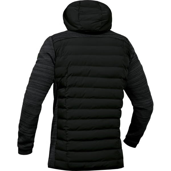 Schwarze Herren-Hybridjacke mit Kapuze, gestepptem Rückenteil und Strickärmeln in der Rückansicht.