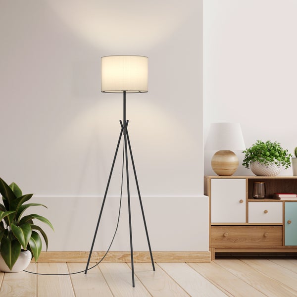 EMKE Stehlampe Briana, 147 x 32 cm, Vintage Textil-Stativleuchte mit schwarzem Standfuß und Fußschalter, für Wohnzimmer, Büro, Leseecke (ohne Leuchtmittel)