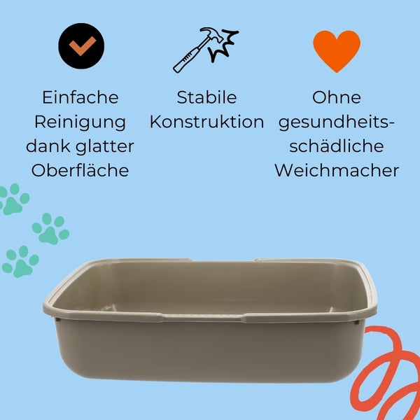 Katzentoilette mit den Vorteilen einfache Reinigung, stabile Konstruktion und ohne gesundheitsschädliche Weichmacher.