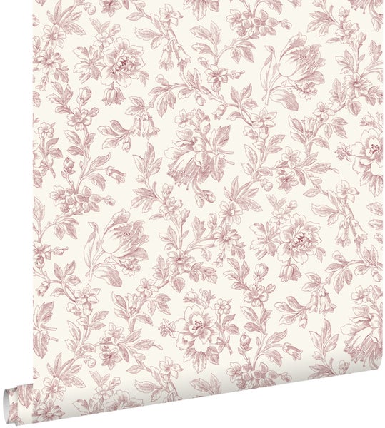 Tapete mit floralem Muster und botanischen Illustrationen von Blüten und Blättern.