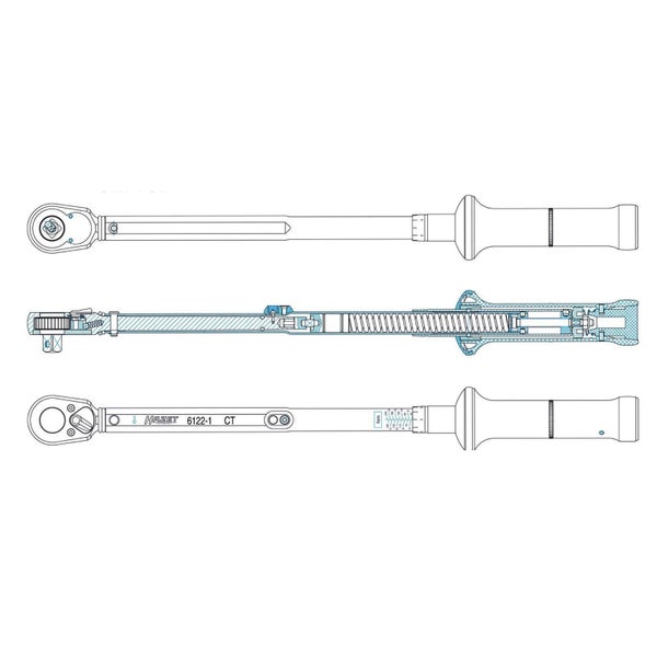 Darstellung eines Drehmomentschlüssels von Hazet in drei Ansichten.