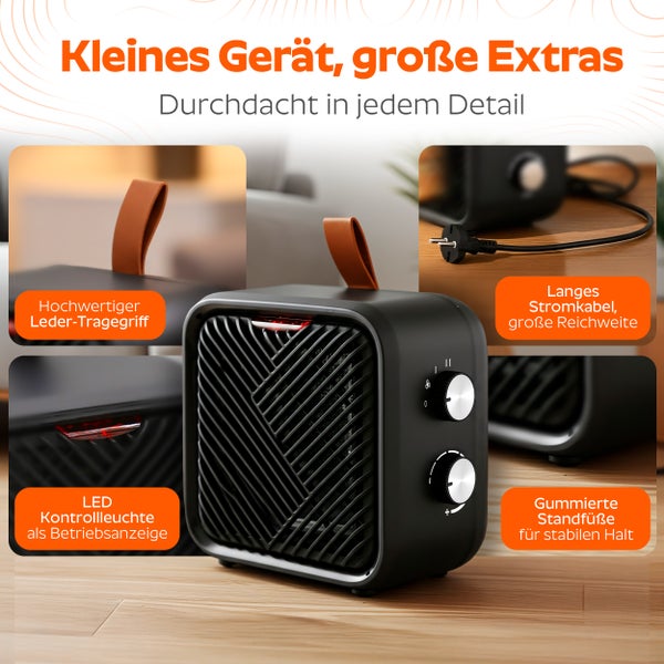 Mobiler Elektro-Heizlüfter mit Leder-Tragegriff, LED-Betriebsanzeige, zwei Drehreglern, langem Stromkabel und gummierten Standfüßen.