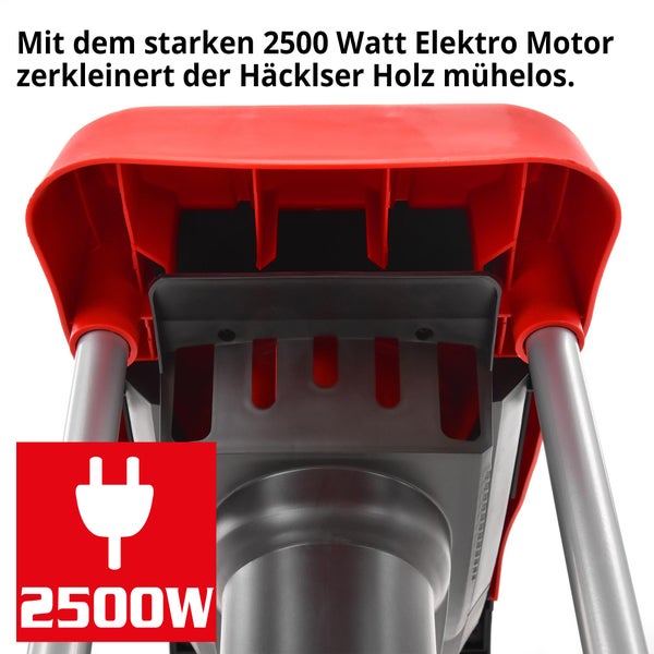 Detailansicht eines Holzschredders mit 2500 Watt Leistung