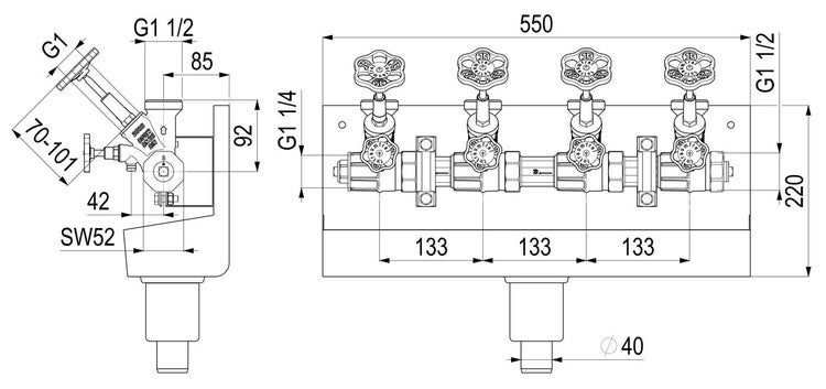 Technische Zeichnung eines Heizkreisverteilers mit vier Heizkreisanschlüssen und Maßangaben in Millimeter.