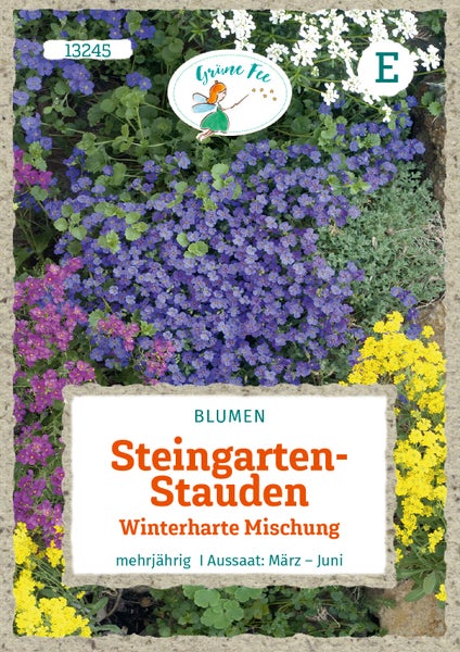 Samentüte für Steingarten-Stauden von Grüne Fee, winterharte Mischung aus mehrjährigen Blumen, Aussaat März bis Juni, Grüne Fee Logo.
