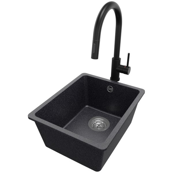 PRIMAGRAN Unterbauspüle Granit Anthrazit 36x44cm, Spülbecken 1 Becken + Küchenarmatur 40x20cm + Ablauf-Set, Granitspüle ab 40er Unterschrank - Venedig Easy