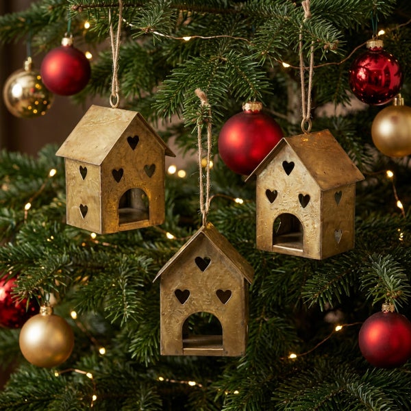 Drei hängende Weihnachtsbaumanhänger in Hausform aus Metall mit Herzmotiven, dekoriert an einem Weihnachtsbaum mit Kugeln.