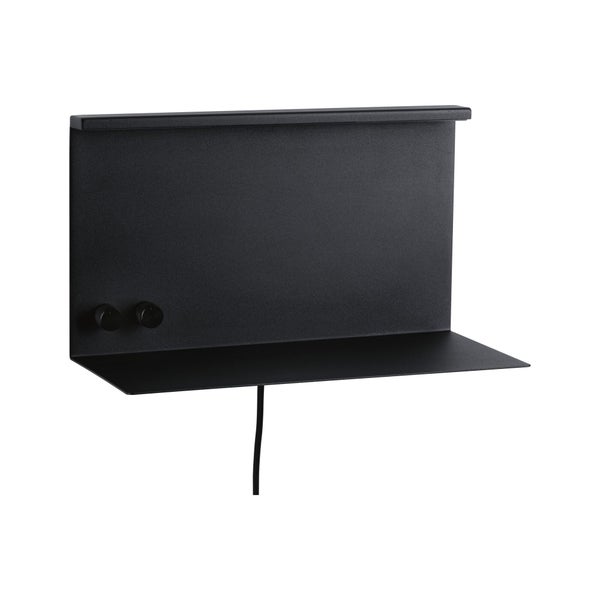 Schwarze Wandleuchte aus Metall mit integrierter Ablage und zwei Drehschaltern.