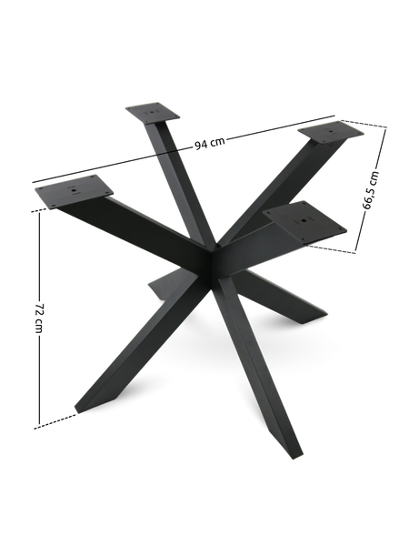 Schwarzes Tischgestell aus Metall in Spinnenform mit Maßen von 94 mal 66,5 mal 72 Zentimeter.
