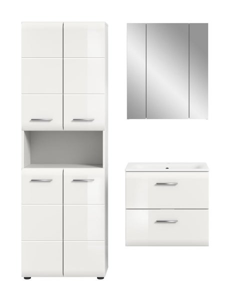Badezimmermöbel-Set bestehend aus einem Hochschrank mit offenem Fach, einem Waschtischunterschrank inklusive Waschbecken und einem Spiegelschrank.