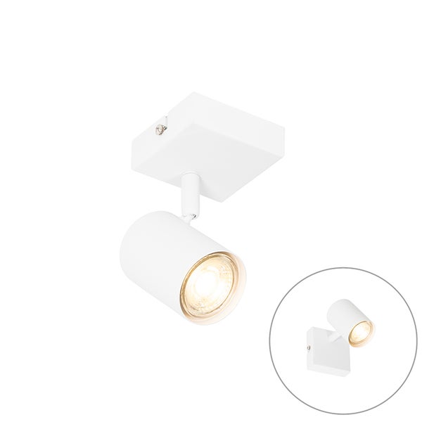 Verstellbarer Deckenstrahler und Wandstrahler in Weiß mit quadratischer Basis und zylindrischem Kopf.