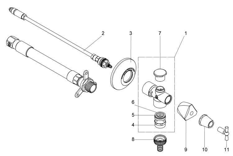 Explosionszeichnung einer frostsicheren Außenarmatur mit nummerierten Einzelteilen wie Ventilspindel, Rosette und Gehäuse.