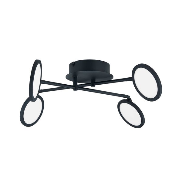 Schwarze LED-Deckenleuchte mit vier kreisförmigen Leuchtelementen an verstellbaren Armen.