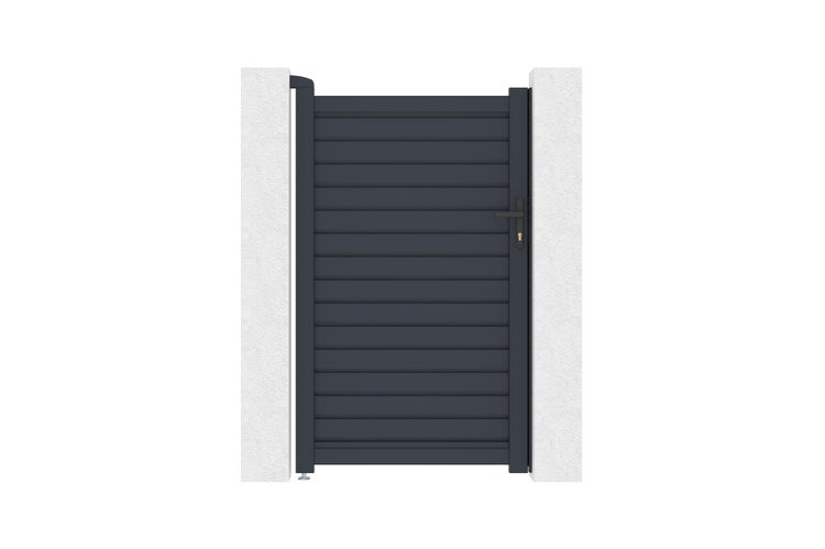 Gartentor aus Aluminium, anthrazit, mit horizontalen Lamellen und Drückergarnitur, montiert an zwei Pfosten.