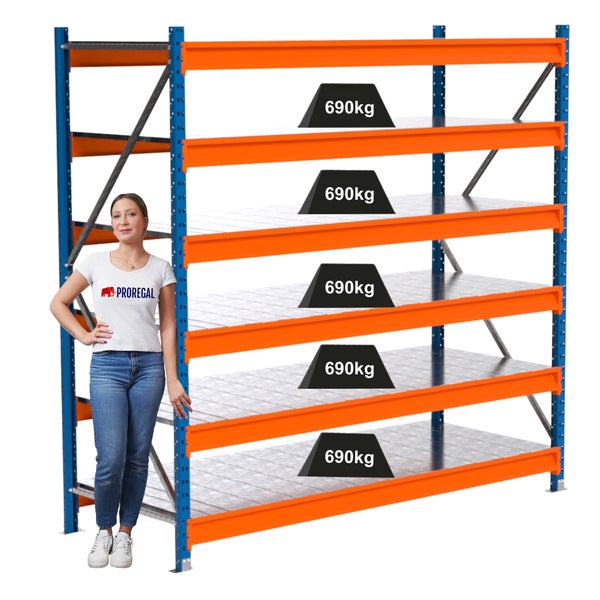 Lagerregal mit fünf Ebenen und einer Traglast von 690 Kilogramm pro Ebene.