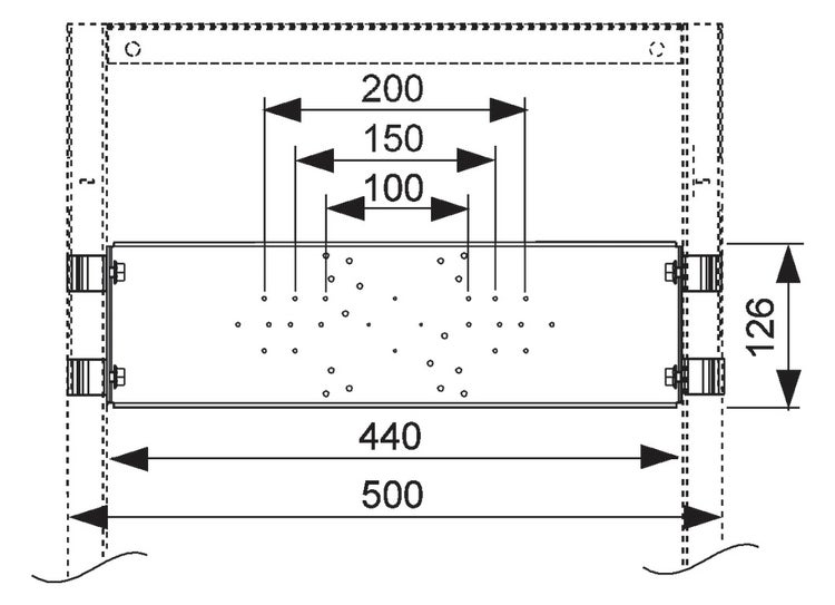 Technische Zeichnung mit Maßangaben: Breiten 500 und 440, Höhe 126 sowie verschiedene Lochabstände von 100, 150 und 200.