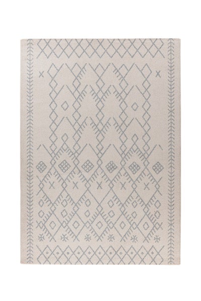 Rechteckiger Teppich mit grauem geometrischem Muster auf hellem Grund im Berber-Stil.
