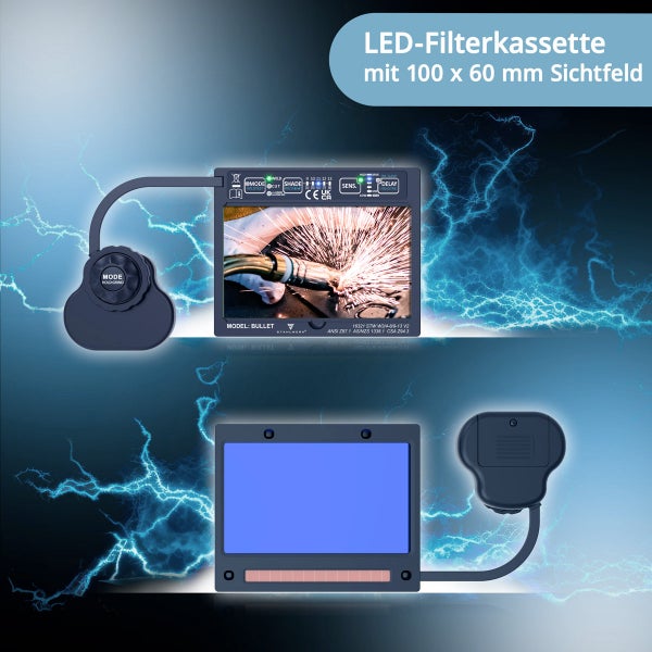 LED-Filterkassette für Schweißhelme mit 100 mal 60 Millimeter Sichtfeld, externem Bedienelement und Einstellungen für Schutzstufe, Sensibilität und Verzögerung.